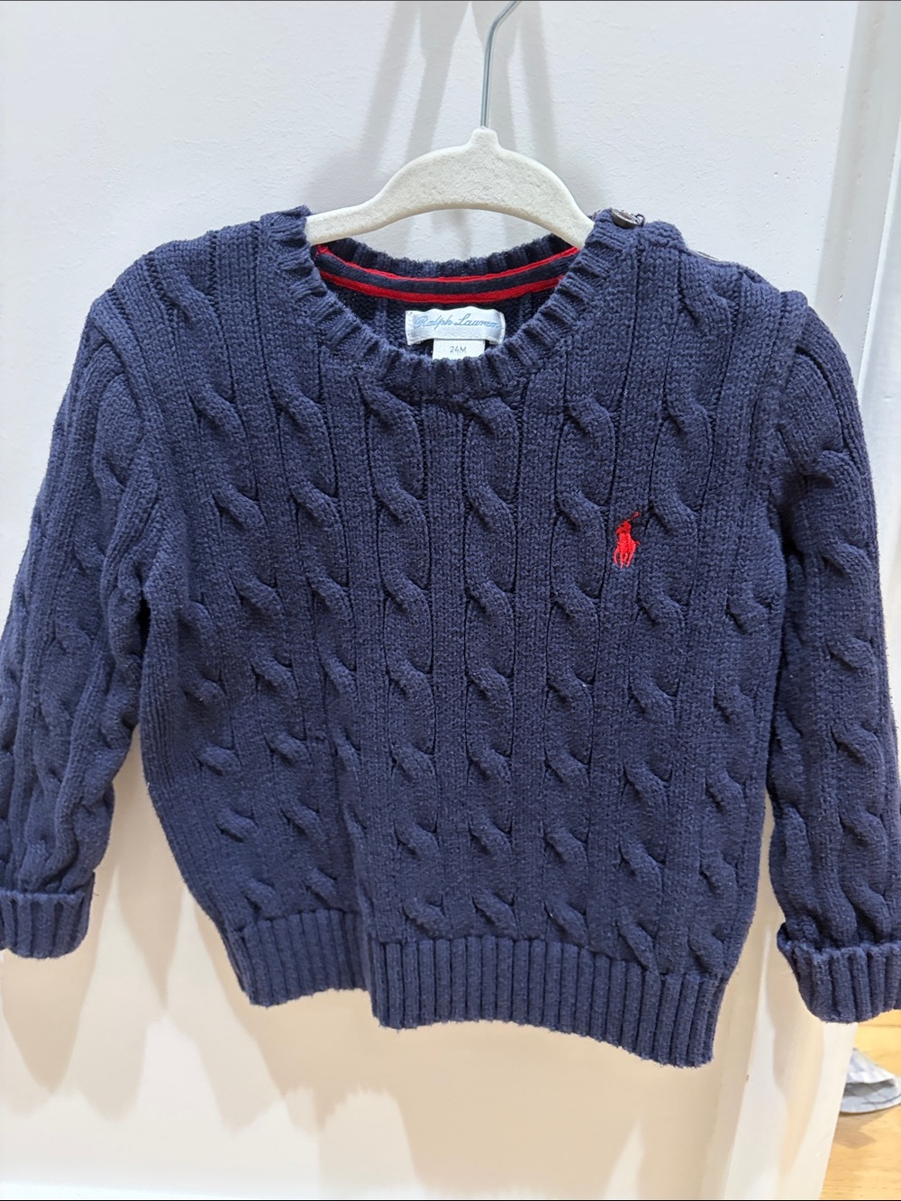 Ralph Lauren Navy Cable-Knit Crewneck Sweater with Red Pony Logo